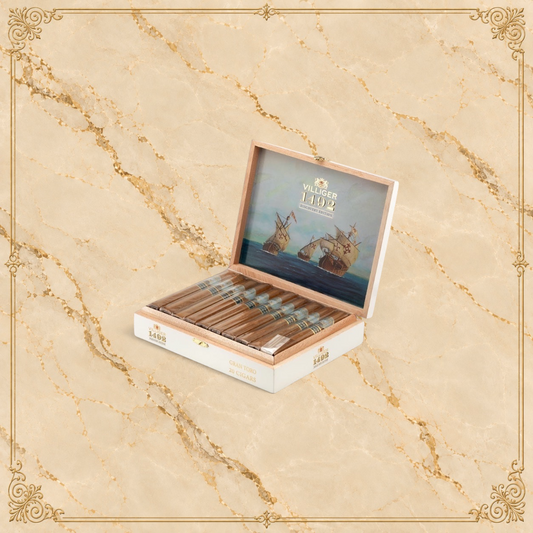 Arcadia Cigars Villiger 1492 Gran Toro Discovery Edition cigar box with 20 premium cigars and nautical lid art.