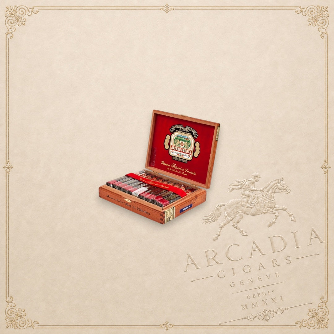 Arcadia Cigars Arturo Fuente Añejo No. 77 Shark cigars in a wooden box with a red velvet lining and branded label.