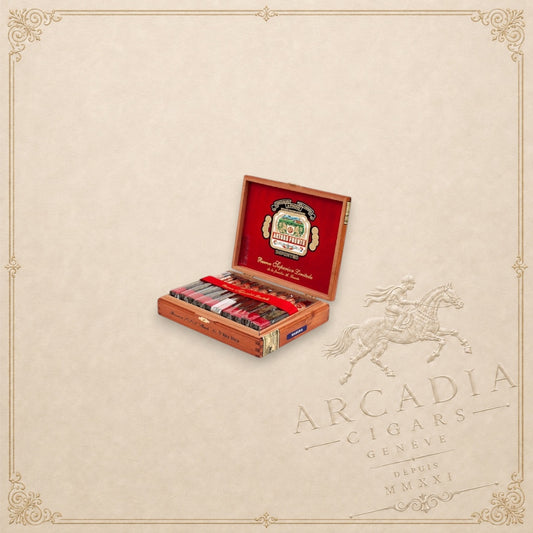 Arcadia Cigars Arturo Fuente Añejo No. 77 Shark cigars in a wooden box with a red velvet lining and branded label.