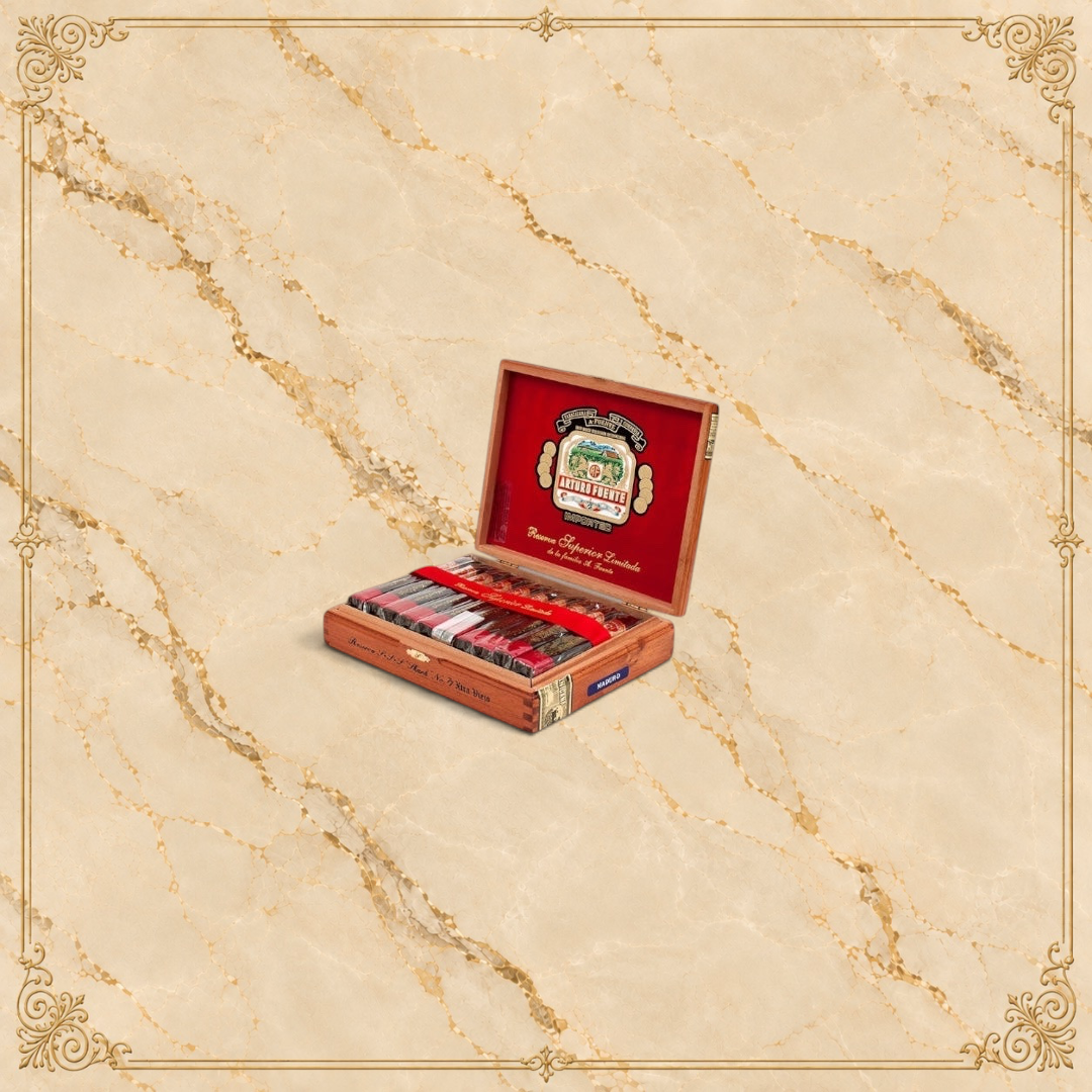 Arcadia Cigars Arturo Fuente Añejo No. 77 Shark cigars in a wooden box with a red velvet lining and branded label.