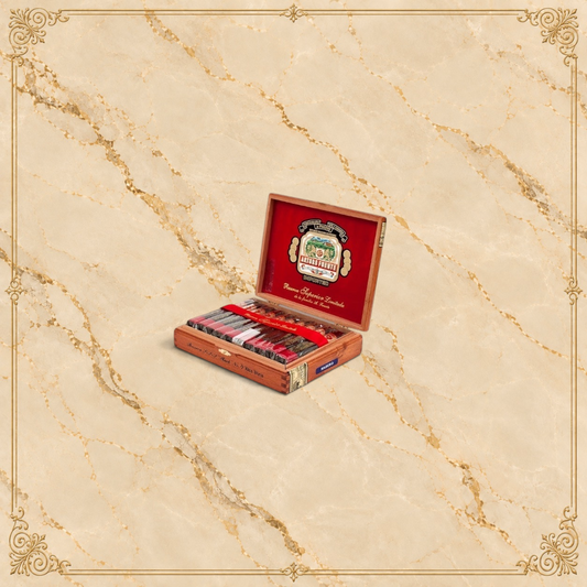 Arcadia Cigars Arturo Fuente Añejo No. 77 Shark cigars in a wooden box with a red velvet lining and branded label.
