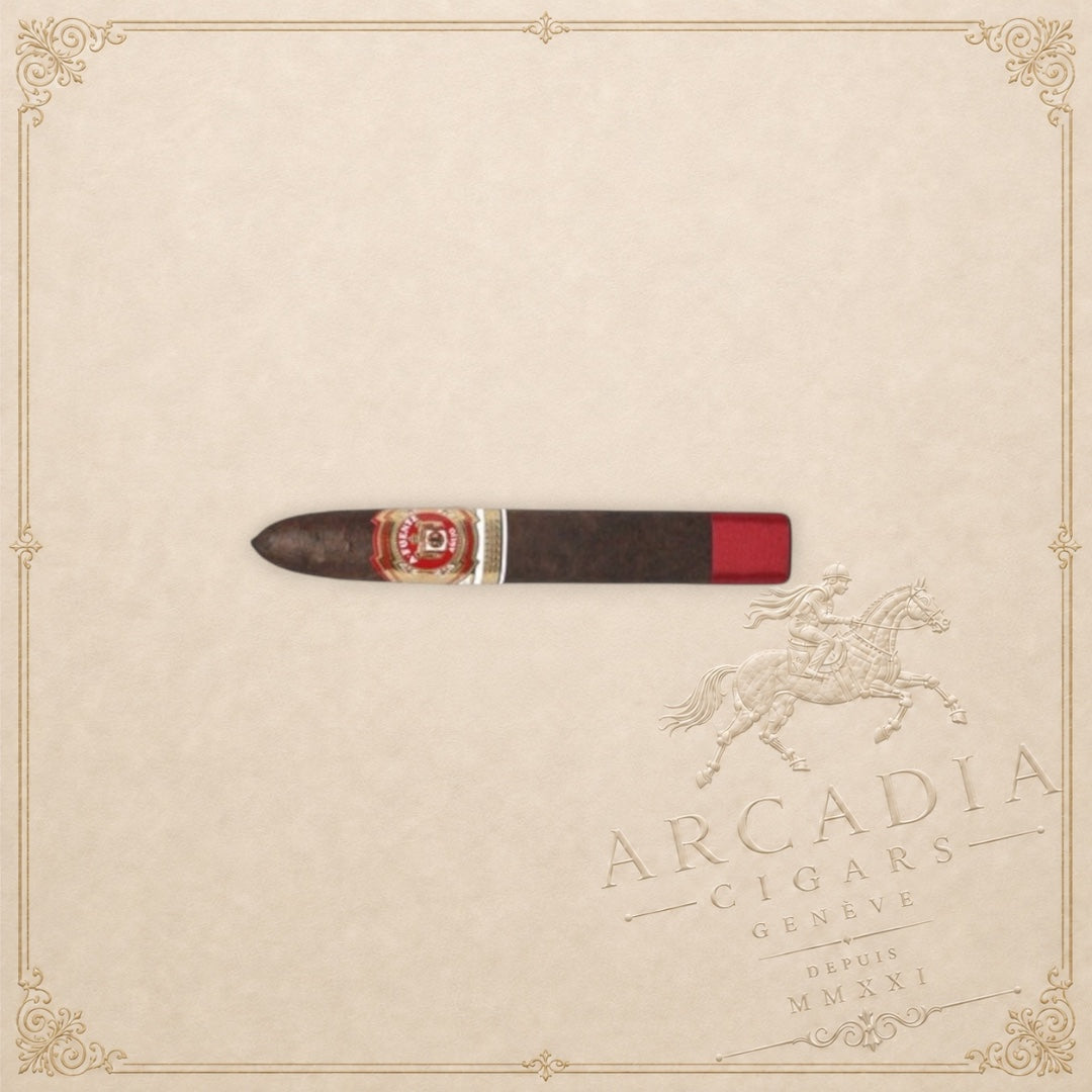 Arcadia Cigars Arturo Fuente Añejo No. 77 Shark cigar with a dark Connecticut Broadleaf Maduro wrapper and red band.