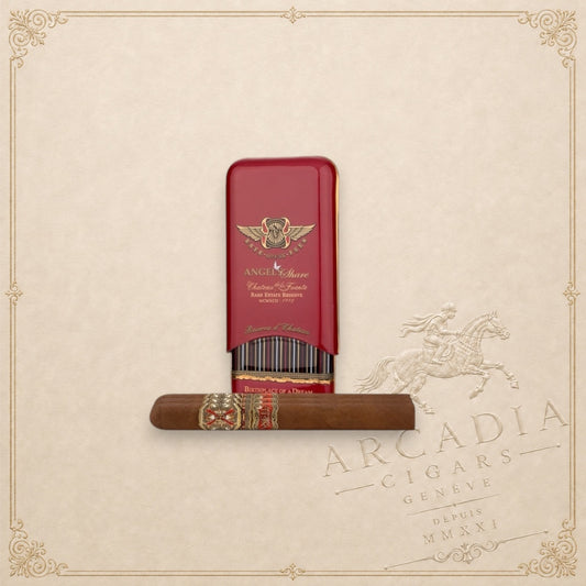 Arcadia Cigars Arturo Fuente Angel's Share Reserva Du Château cigar with its signature red metal case on a map background
