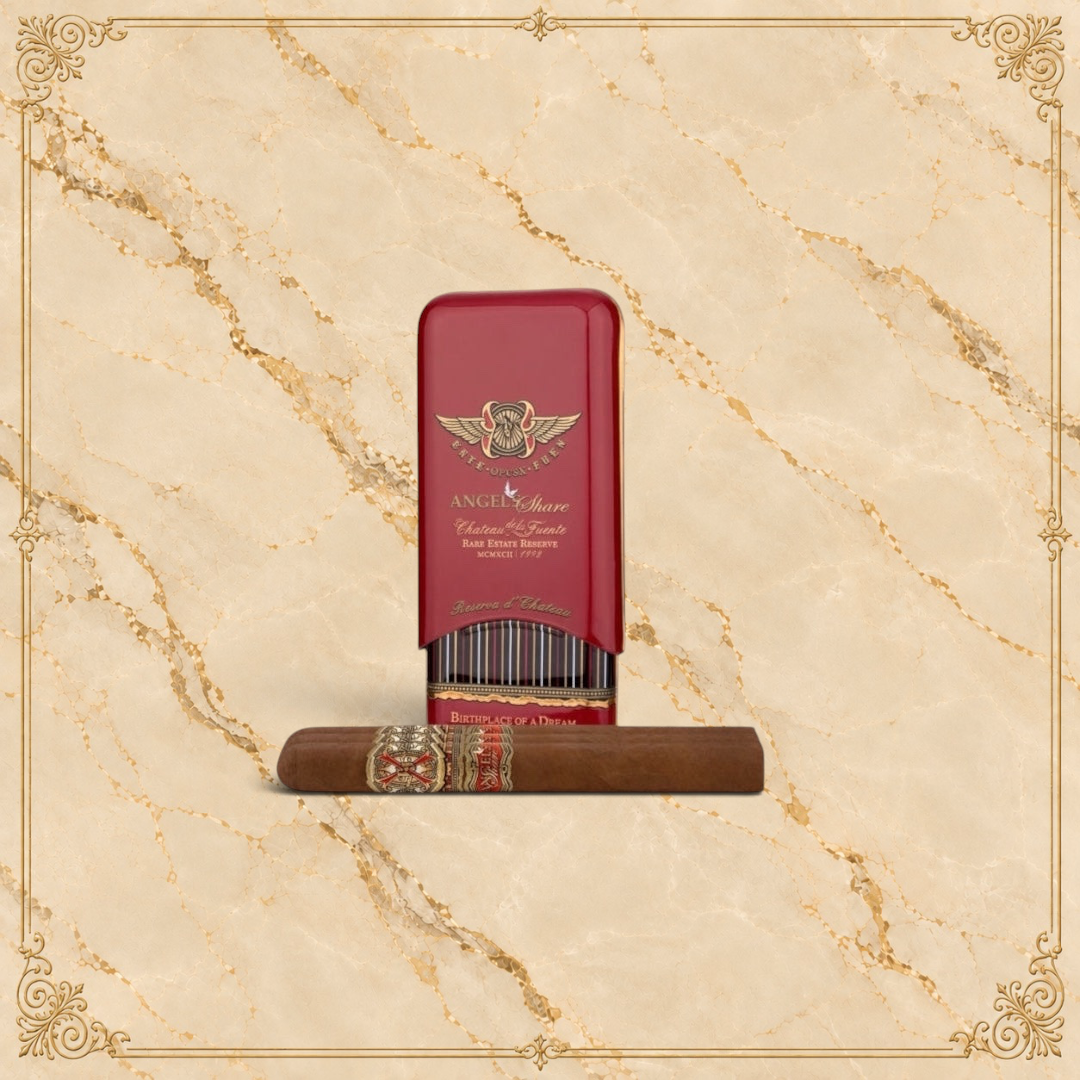 Arcadia Cigars Arturo Fuente Angel's Share Reserva Du Château cigar with its signature red metal case on a map background