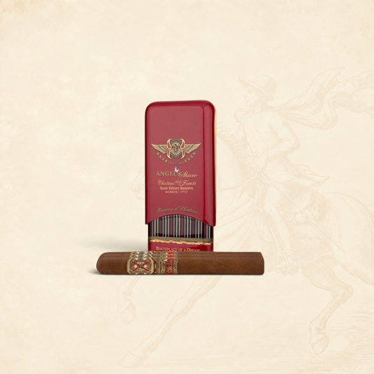 Arcadia Cigars Arturo Fuente Angel's Share Reserva Du Château cigar with its signature red metal case on a map background
