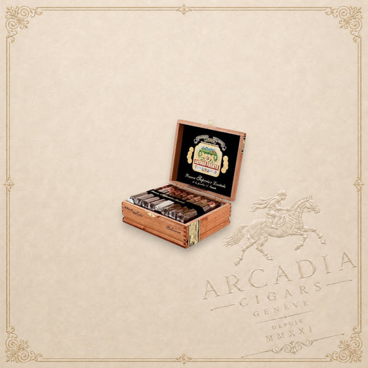 Arcadia Cigars Arturo Fuente Don Carlos Belicoso cigars in an open wooden box with a decorative interior lid label.