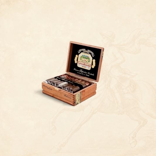 Arcadia Cigars Arturo Fuente Don Carlos Belicoso cigars in an open wooden box with a decorative interior lid label.