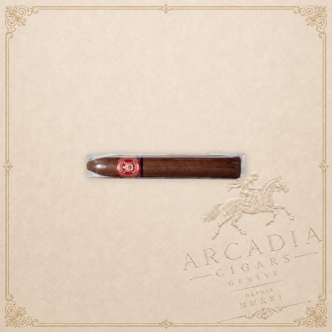 Arcadia Cigars Arturo Fuente Don Carlos Belicoso cigar with an African Cameroon wrapper in cellophane packaging