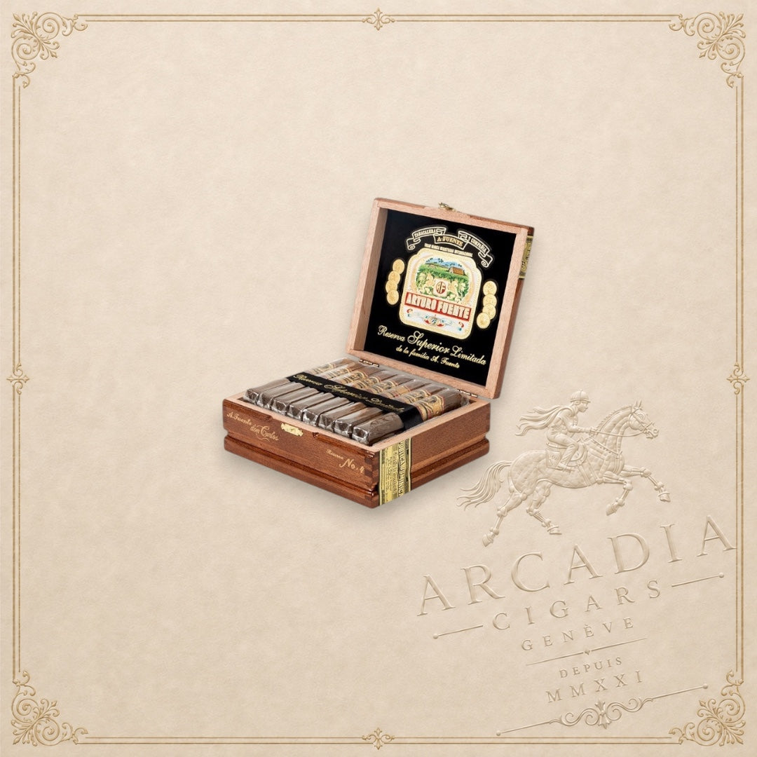 Arcadia Cigars Arturo Fuente Don Carlos Reserva Superior No. 4 cigars in an open wooden box with ornate branding