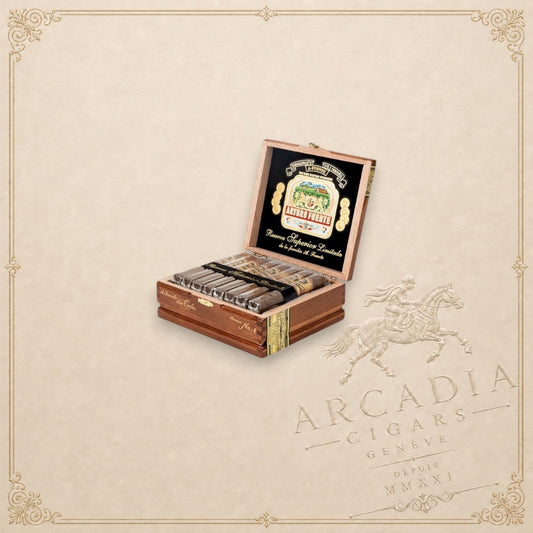Arcadia Cigars Arturo Fuente Don Carlos Reserva Superior No. 4 cigars in an open wooden box with ornate branding