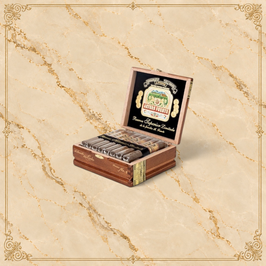 Arcadia Cigars Arturo Fuente Don Carlos Reserva Superior No. 4 cigars in an open wooden box with ornate branding