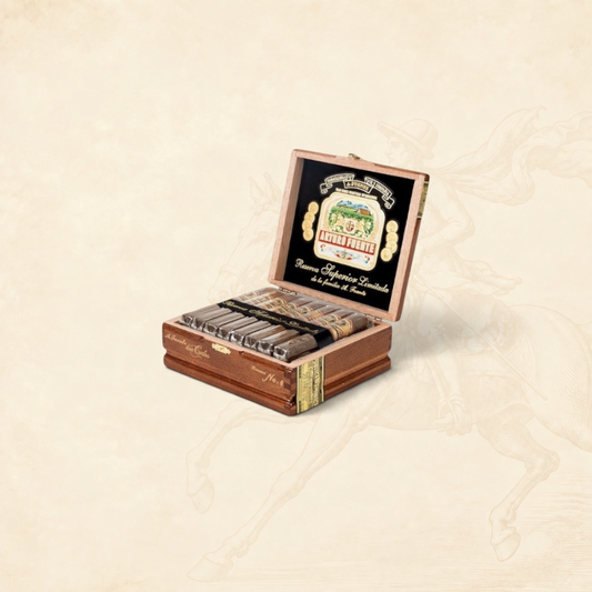 Arcadia Cigars Arturo Fuente Don Carlos Reserva Superior No. 4 cigars in an open wooden box with ornate branding