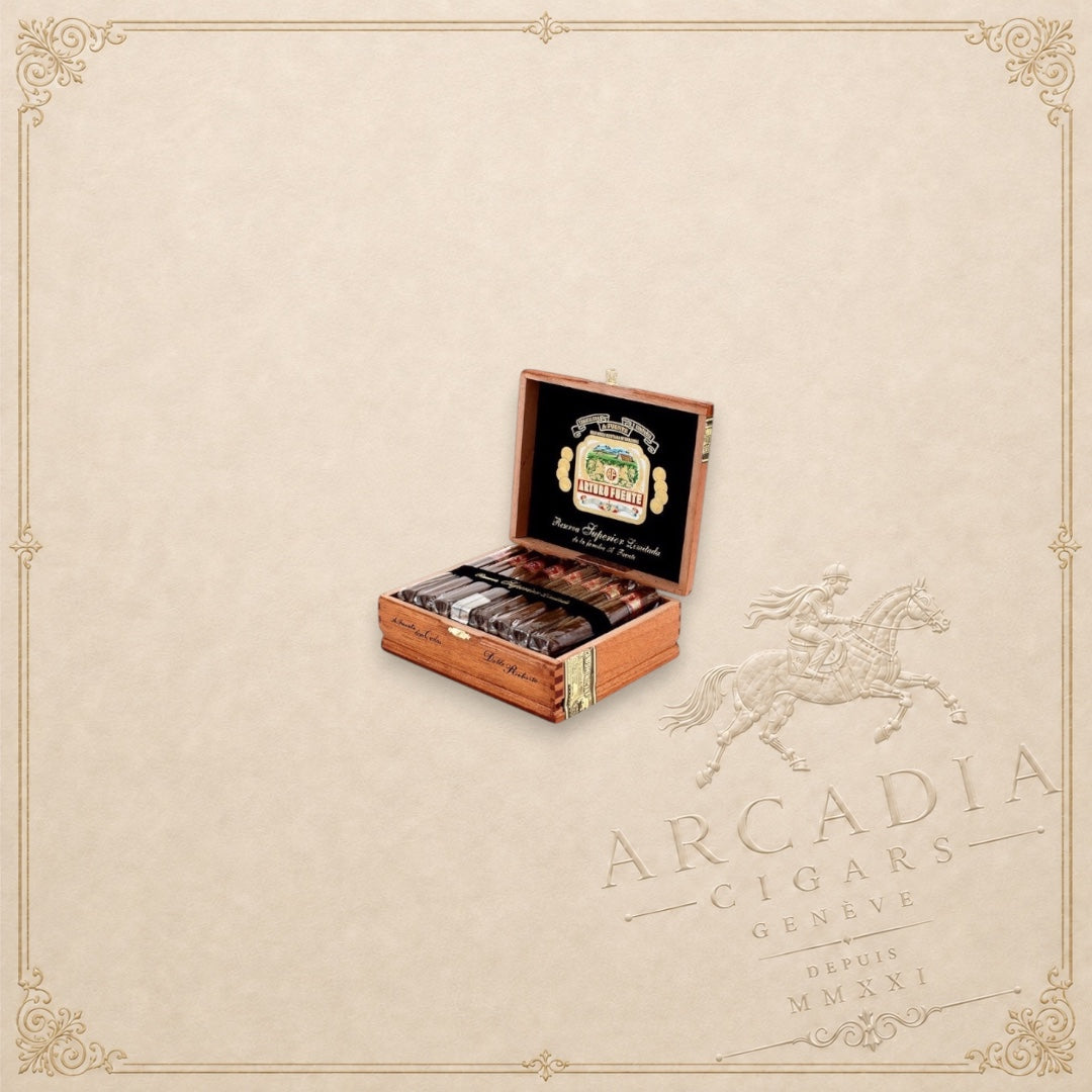 Arcadia Cigars open wooden box of Arturo Fuente Don Carlos Double Robusto cigars with African Cameroon wrappers.