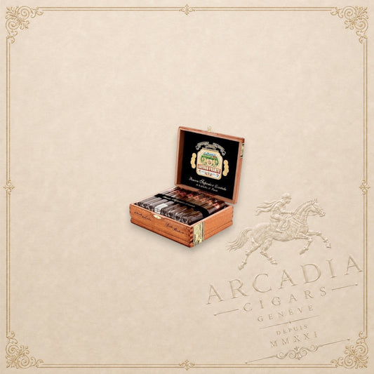 Arcadia Cigars open wooden box of Arturo Fuente Don Carlos Double Robusto cigars with African Cameroon wrappers.