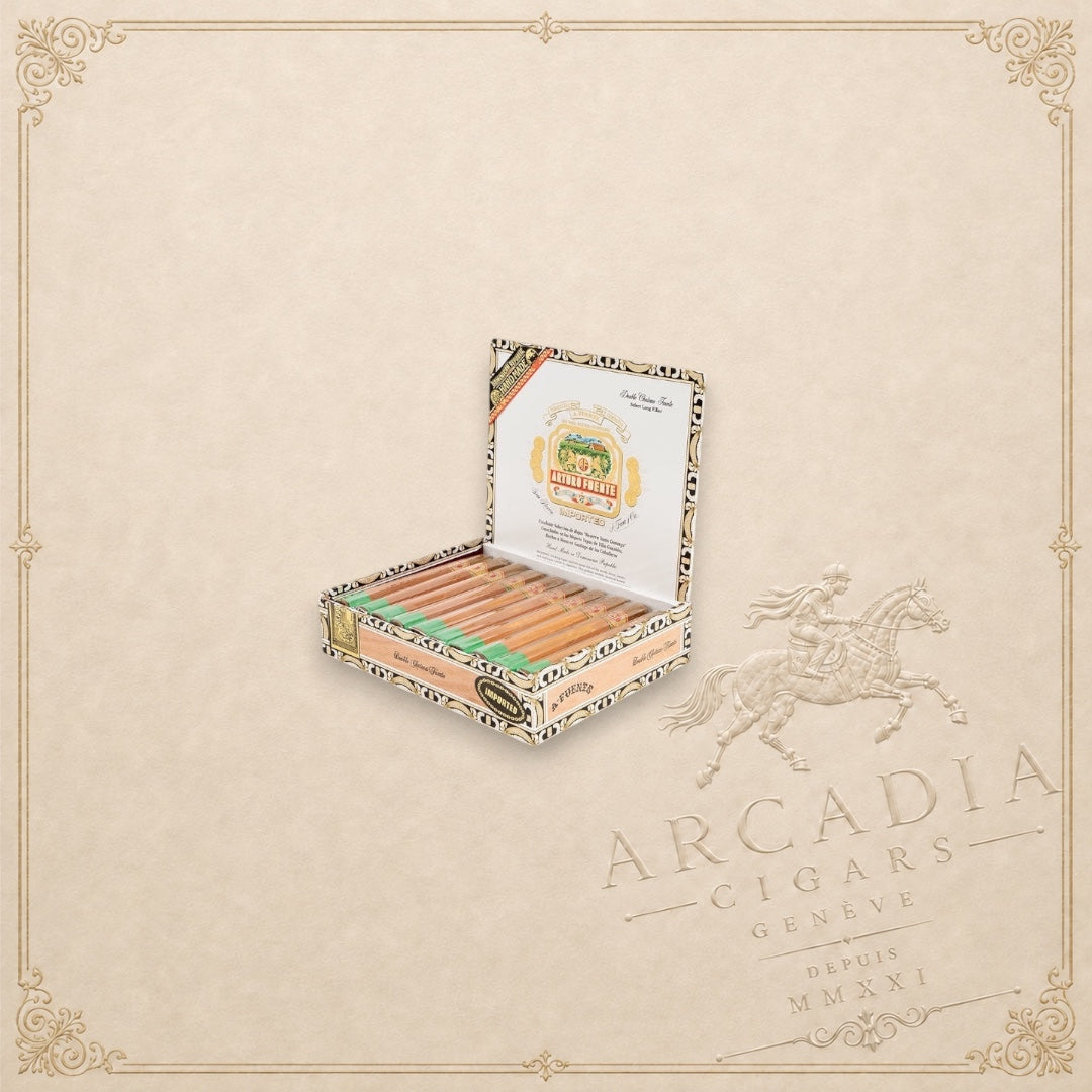 Arcadia Cigars Arturo Fuente Chateau Fuente Double Chateau cigar box with cedar sleeves on a cream background