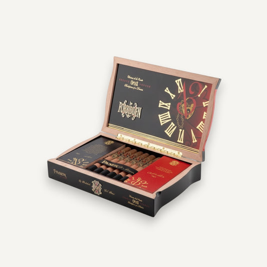 Arcadia Cigars Arturo Fuente Forbidden X Pasión d’Amor Toro cigars in an open wooden box with clock face design.