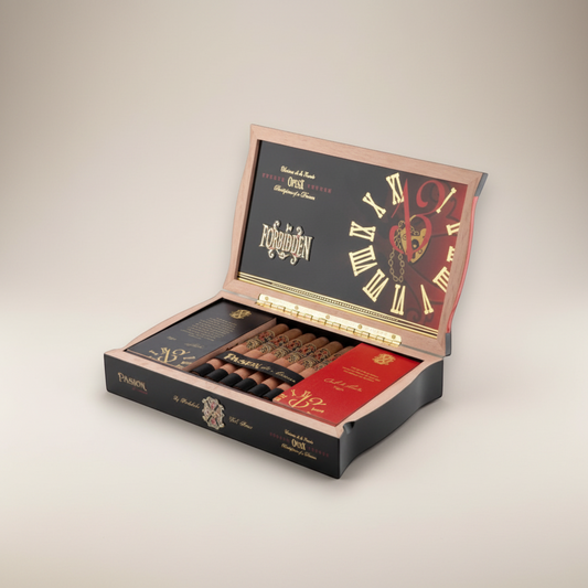 Arcadia Cigars Arturo Fuente Forbidden X Pasión d’Amor Toro cigars in an open wooden box with clock face design.