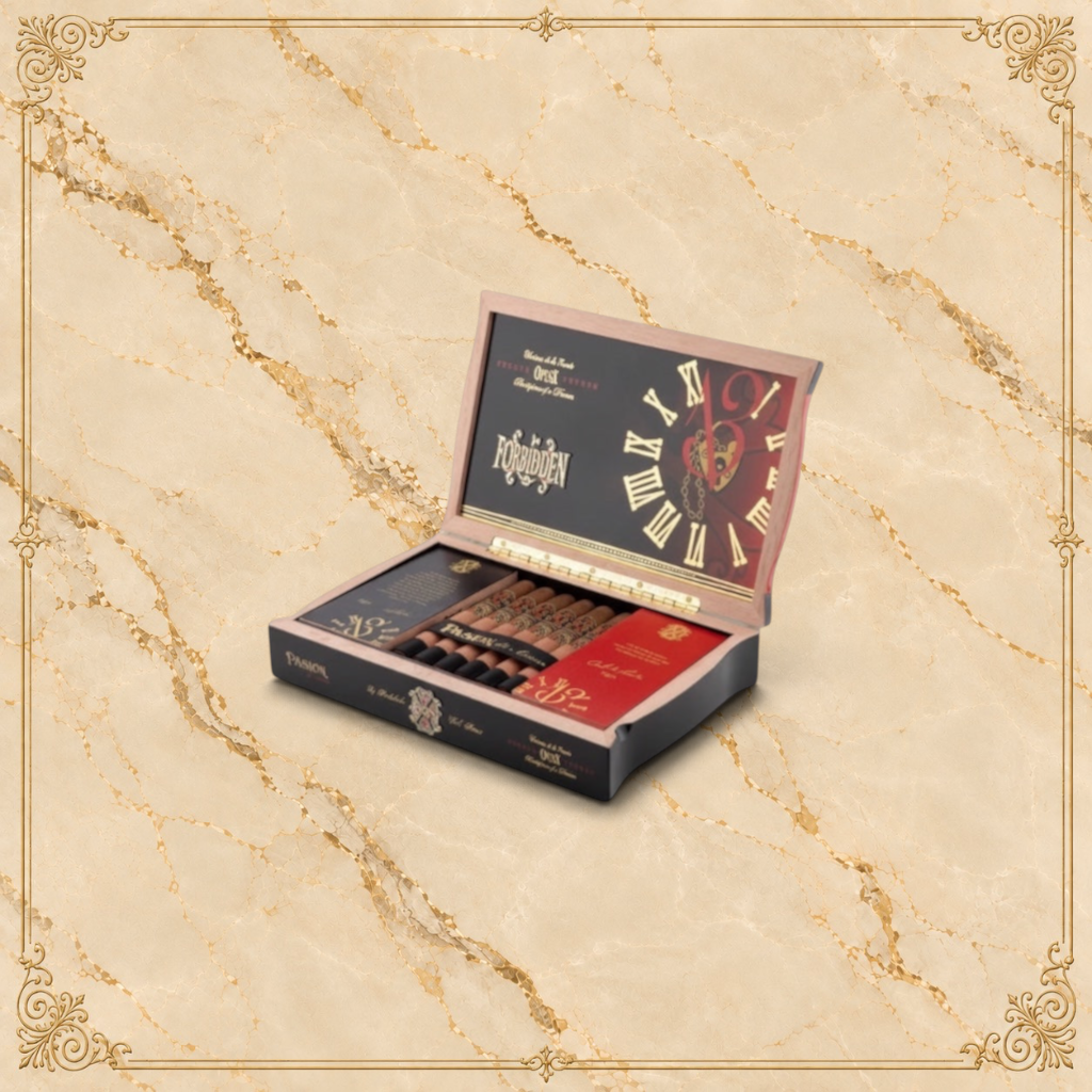 Arcadia Cigars Arturo Fuente Forbidden X Pasión d’Amor Toro cigars in an open wooden box with clock face design.