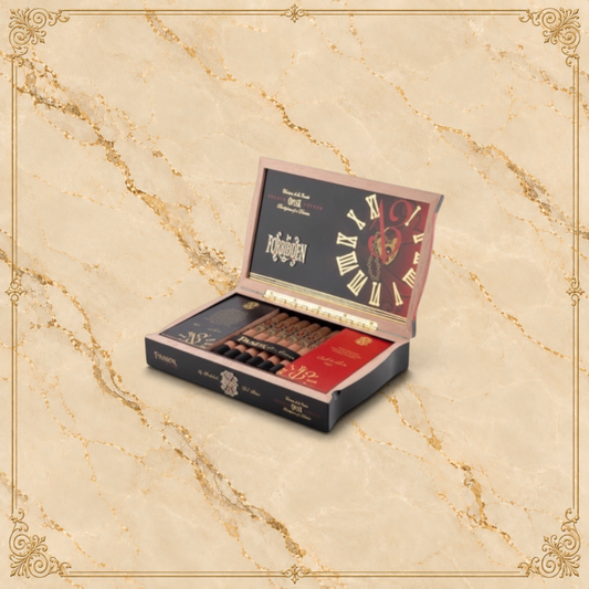 Arcadia Cigars Arturo Fuente Forbidden X Pasión d’Amor Toro cigars in an open wooden box with clock face design.