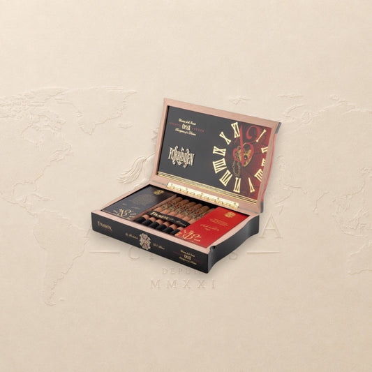 Arcadia Cigars Arturo Fuente Forbidden X Pasión d’Amor Toro cigars in an open wooden box with clock face design.