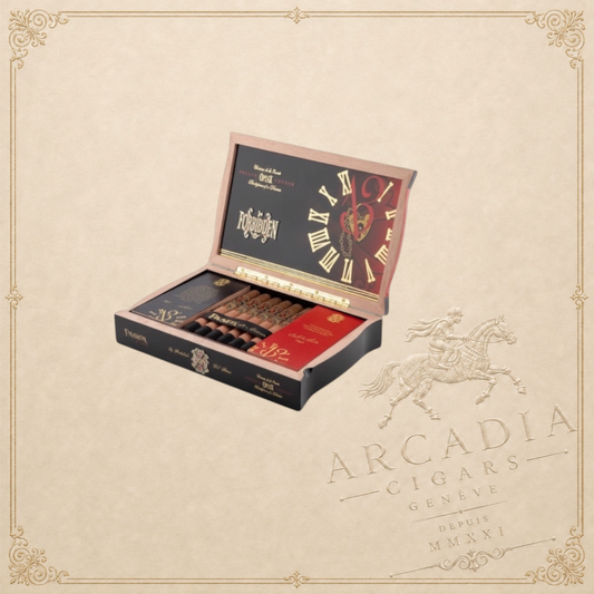 Arcadia Cigars Arturo Fuente Forbidden X Pasión d’Amor Toro cigars in an open wooden box with clock face design.