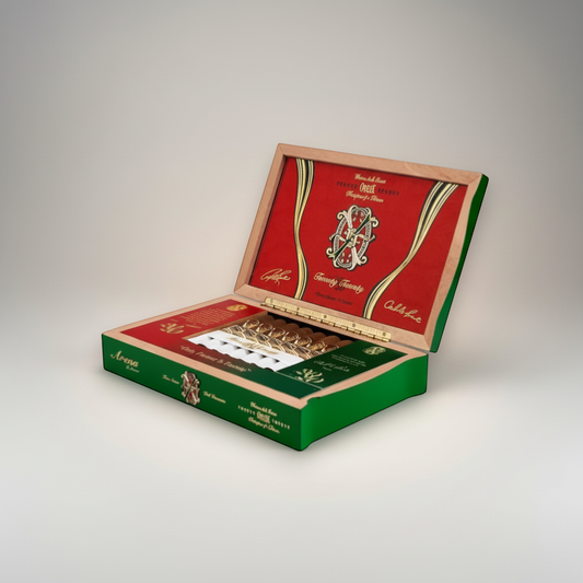 Arcadia Cigars Arturo Fuente Opus X 2020 Arena D'Amor Toro cigars in a green and red collectible box.