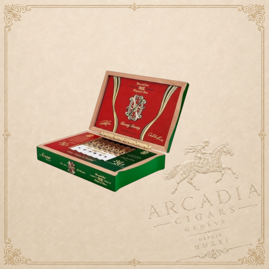 Arcadia Cigars Arturo Fuente Opus X 2020 Arena D'Amor Toro cigars in a green and red collectible box.