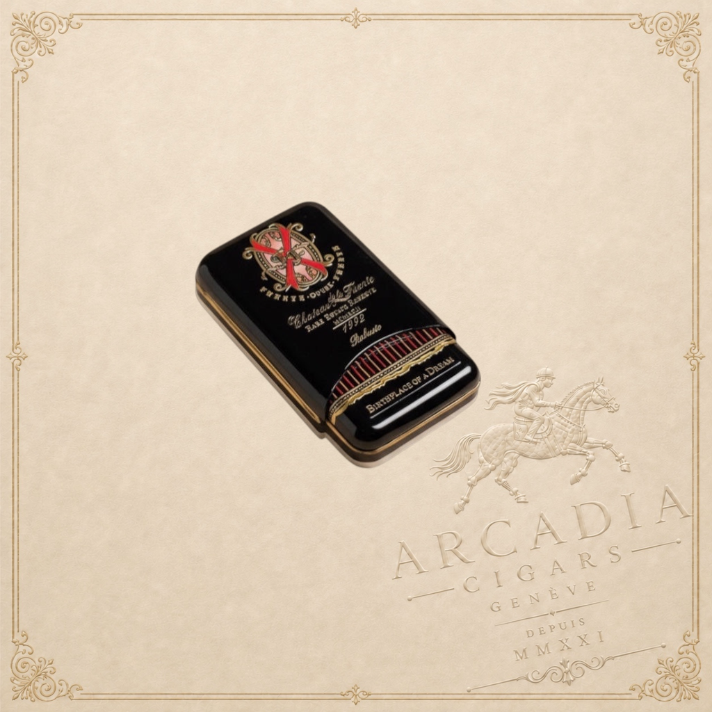 Arcadia Cigars Arturo Fuente Opus X Robusto cigar tin, black with gold lettering and red accents.