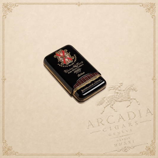 Arcadia Cigars Arturo Fuente Opus X Robusto cigar tin, black with gold lettering and red accents.