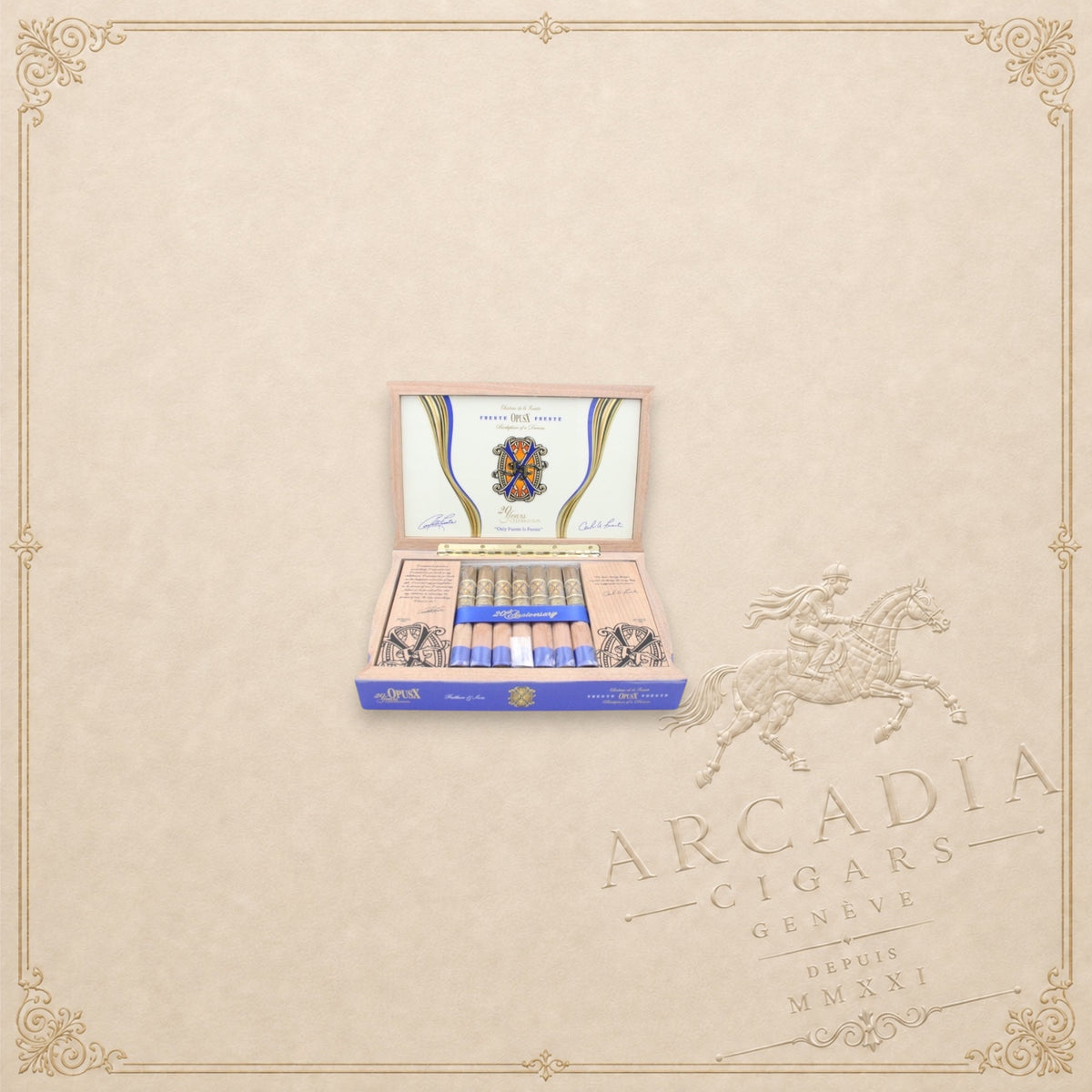 Arcadia Cigars Arturo Fuente OpusX 20 Years Celebration Father and Son cigar box with blue bands and ornate branding