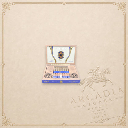 Arcadia Cigars Arturo Fuente OpusX 20 Years Celebration Father and Son cigar box with blue bands and ornate branding