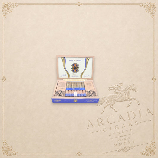 Arcadia Cigars Arturo Fuente OpusX 20 Years Celebration Father and Son cigar box with blue bands and ornate branding