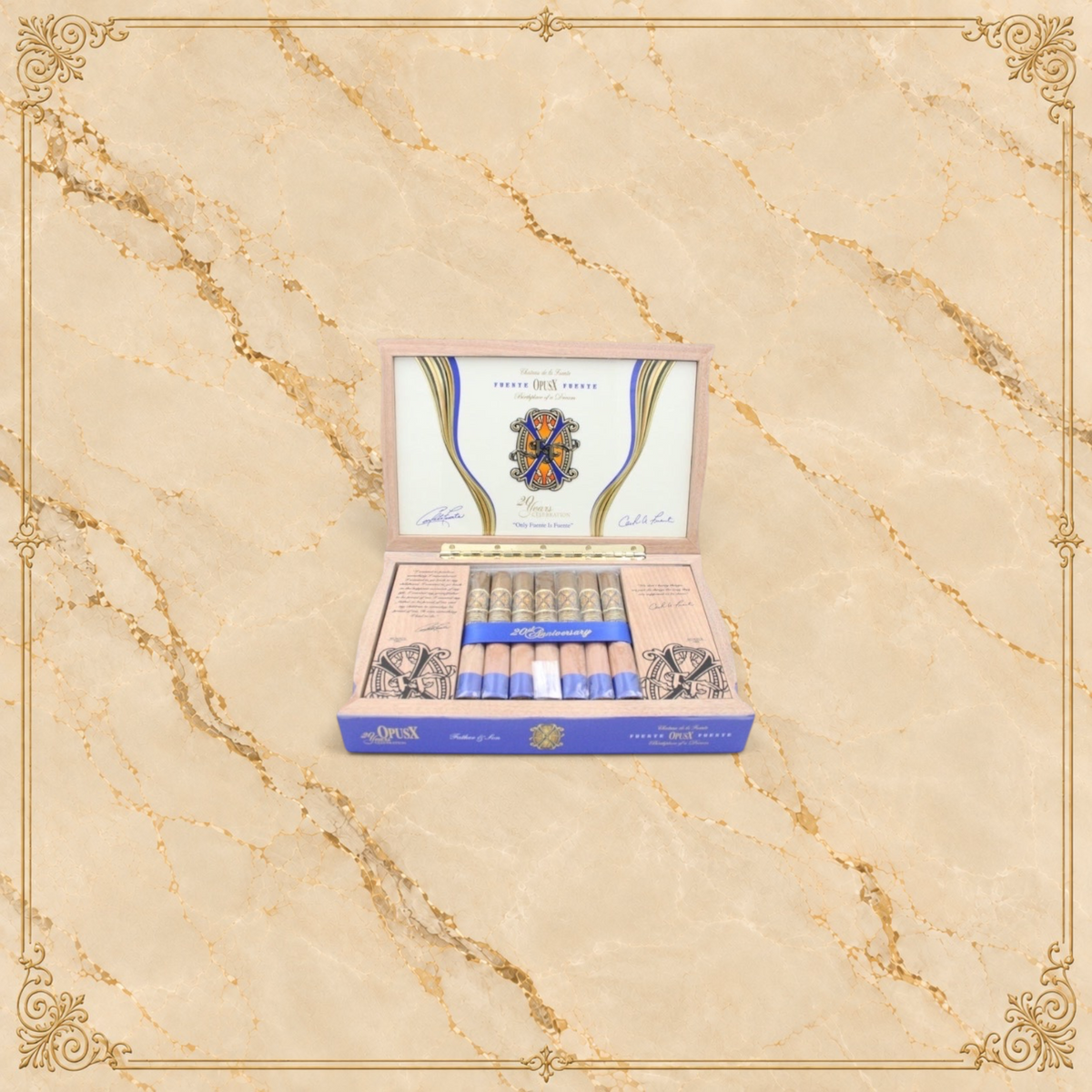 Arcadia Cigars Arturo Fuente OpusX 20 Years Celebration Father and Son cigar box with blue bands and ornate branding