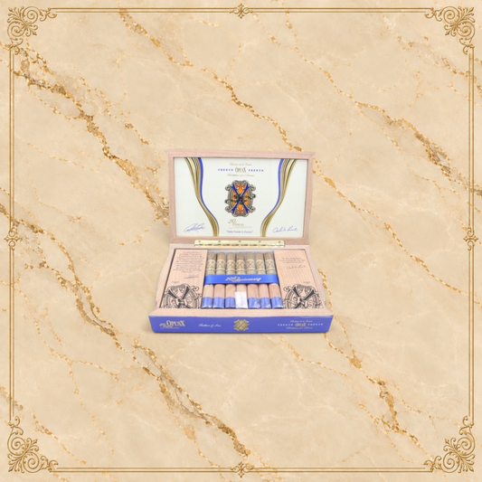 Arcadia Cigars Arturo Fuente OpusX 20 Years Celebration Father and Son cigar box with blue bands and ornate branding