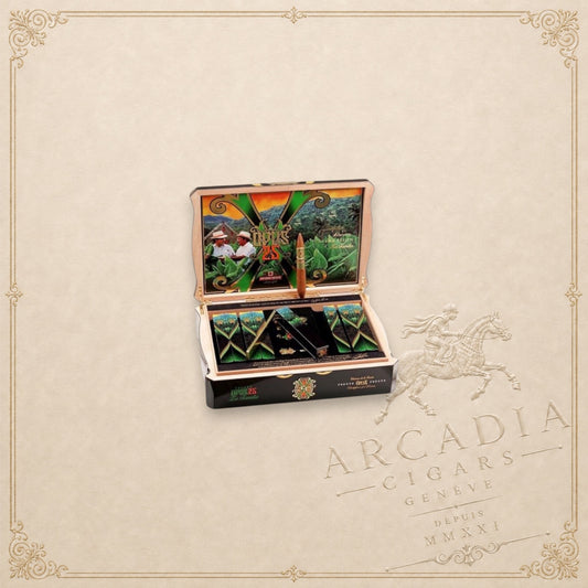 Arcadia Cigars Arturo Fuente OpusX 25 Aniversario limited edition cigar box with ornate green and gold packaging