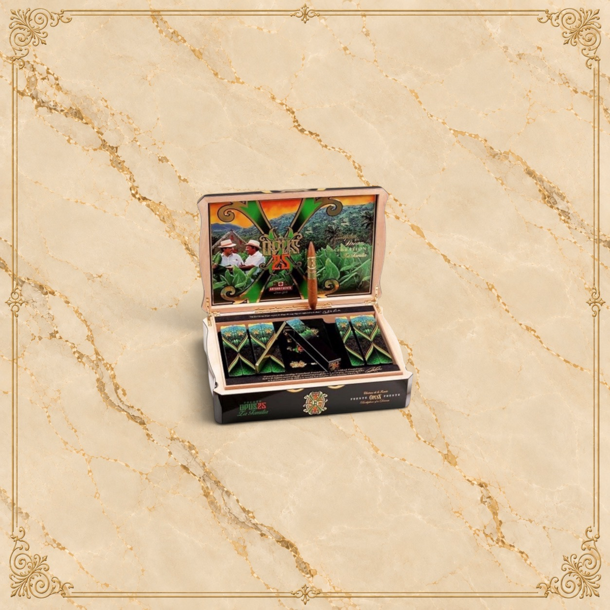 Arcadia Cigars Arturo Fuente OpusX 25 Aniversario limited edition cigar box with ornate green and gold packaging