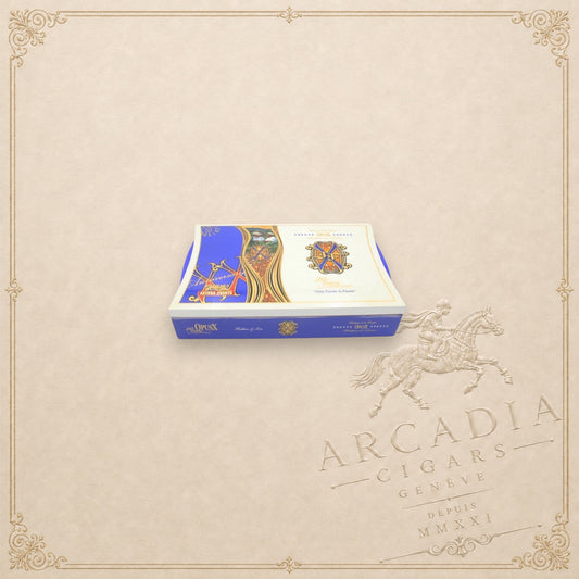 Arcadia Cigars Arturo Fuente OpusX 20 Years Celebration Father and Son cigar box with blue and gold ornate design