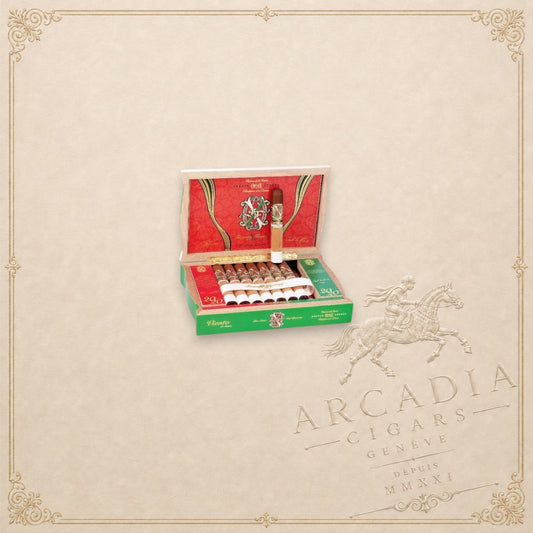 Arcadia Cigars Arturo Fuente OpusX 2020 Viento d'Amor cigars in an open decorative green and red presentation box.