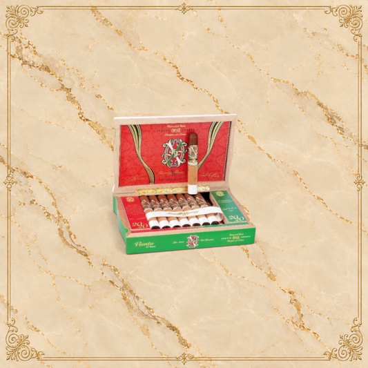 Arcadia Cigars Arturo Fuente OpusX 2020 Viento d'Amor cigars in an open decorative green and red presentation box.