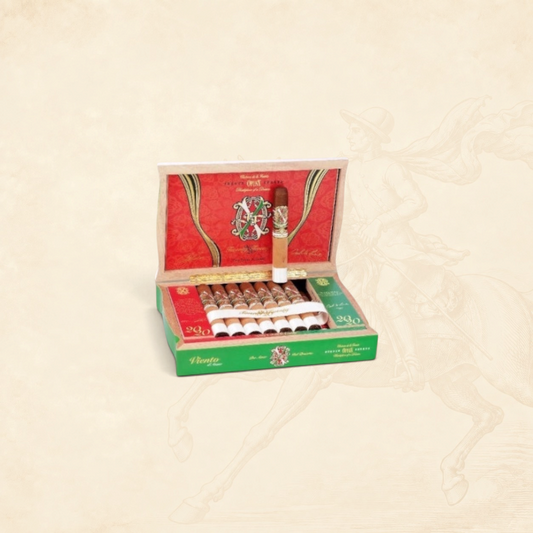 Arcadia Cigars Arturo Fuente OpusX 2020 Viento d'Amor cigars in an open decorative green and red presentation box.