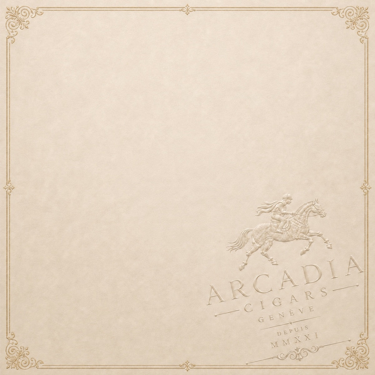 Arcadia Cigars branded parchment background with an embossed horse and rider logo and ornate decorative border