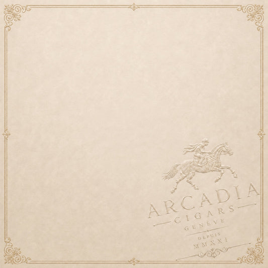 Arcadia Cigars branded parchment background with an embossed horse and rider logo and ornate decorative border