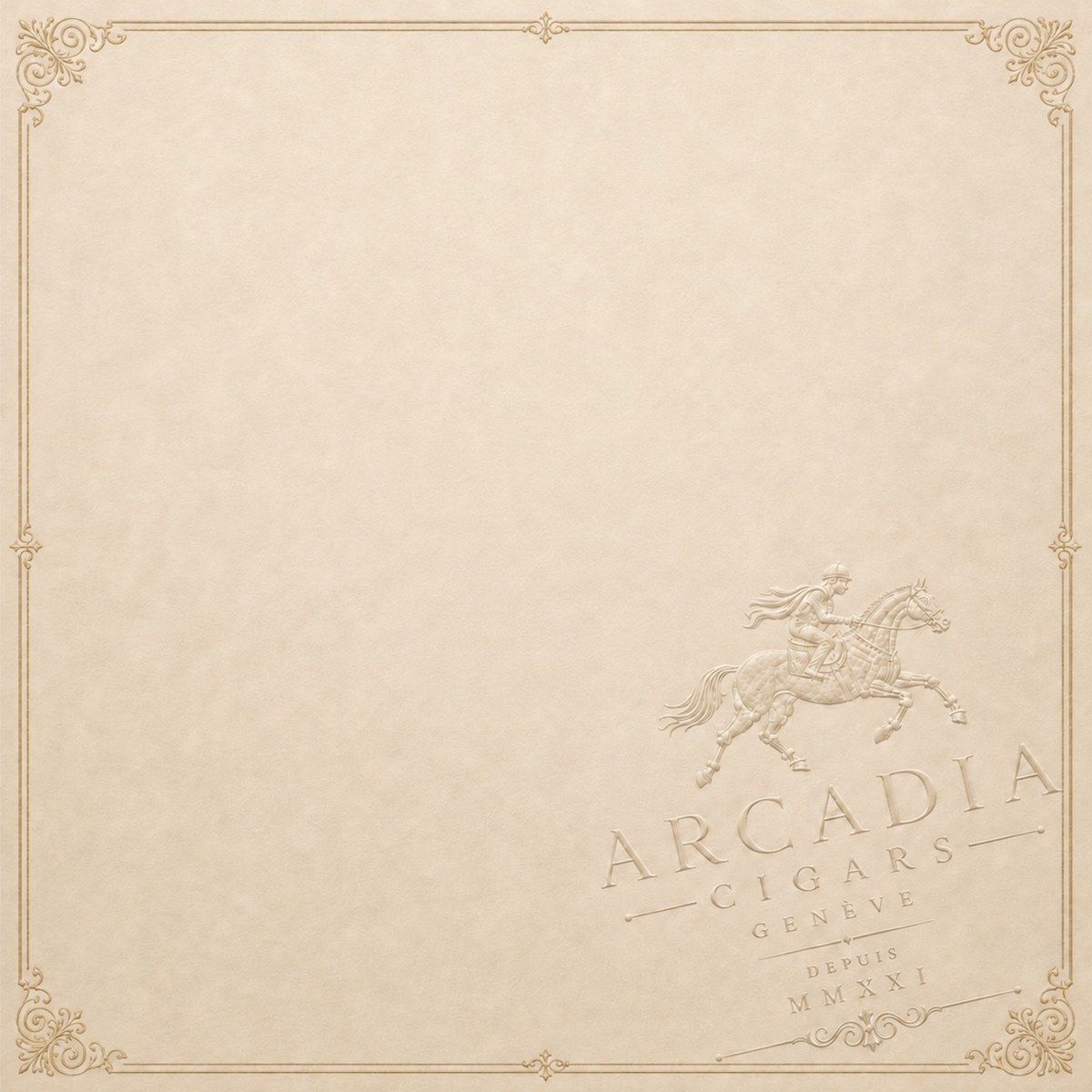 Arcadia Cigars branded parchment paper background with an embossed horse and rider logo in the bottom right corner.