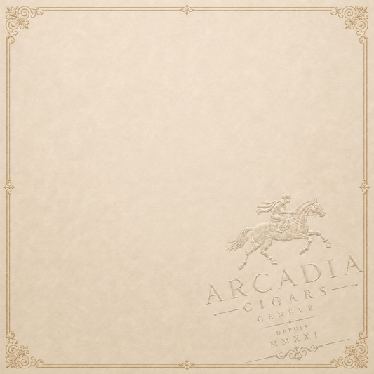 Arcadia Cigars branded parchment paper background with an embossed horse and rider logo in the bottom right corner.