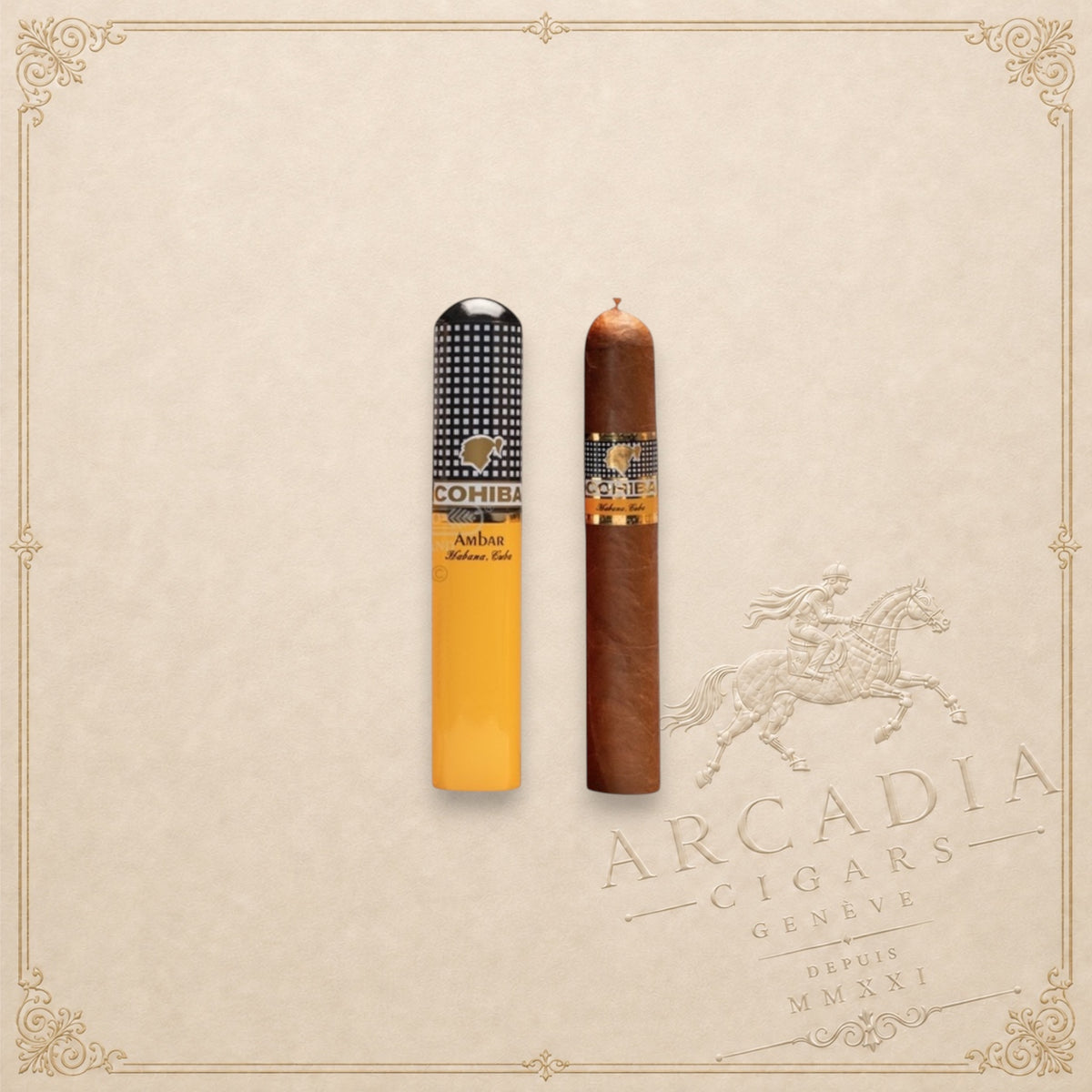 Arcadia Cigars Cohiba Ambar cigar next to its yellow and black patterned aluminium tubo on a textured background.
