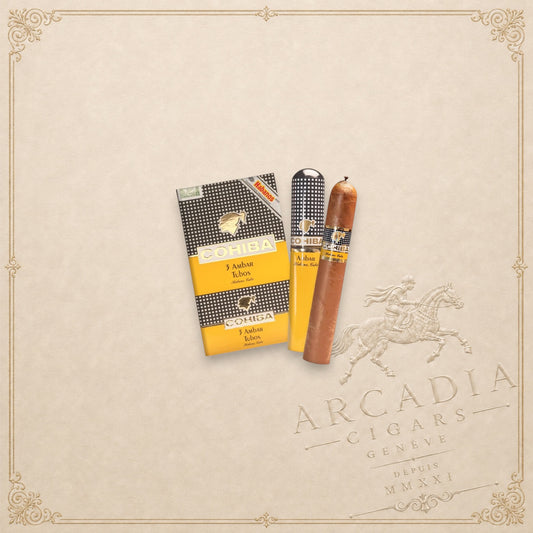 Arcadia Cigars Cohiba Ambar Tubos 3-pack with one cigar and aluminium tube on a textured beige background