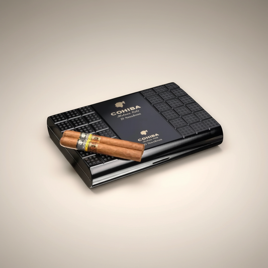 Arcadia Cigars Cohiba Novedosos LCDH cigar box with two Coronas Extra cigars. Black textured box with gold branding.