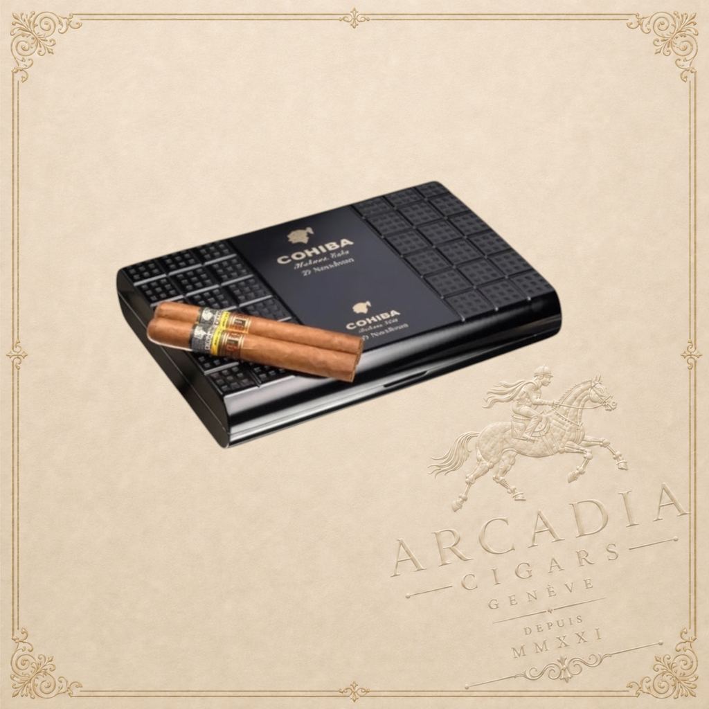 Arcadia Cigars Cohiba Novedosos LCDH cigar box with two Coronas Extra cigars. Black textured box with gold branding.