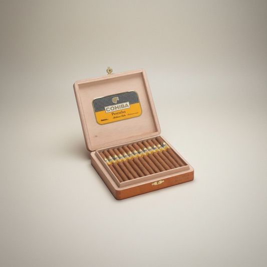 Arcadia Cigars Cohiba Panetelas box of 25 Cuban cigars. Medium-bodied, slim format with notes of cream and cedar.