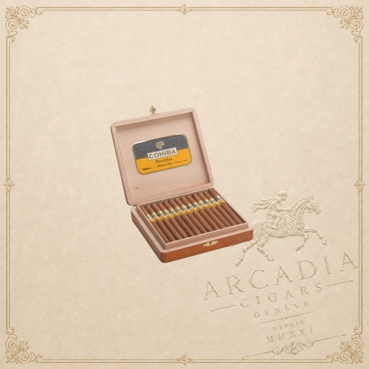 Arcadia Cigars Cohiba Panetelas box of 25 Cuban cigars. Medium-bodied, slim format with notes of cream and cedar.